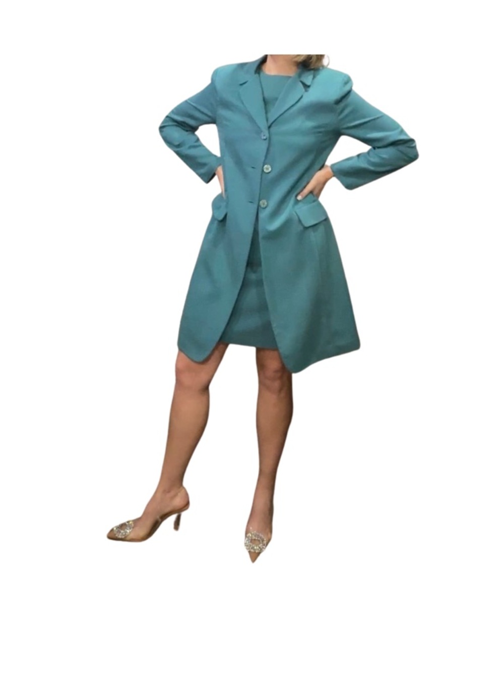 Jessica Howard Teal Long Blazer Jacket and Dress 2 pc